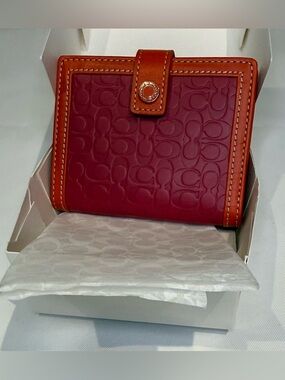 Coach Embossed Signature Card Case in Red and Orange with Box & Tissue Paper